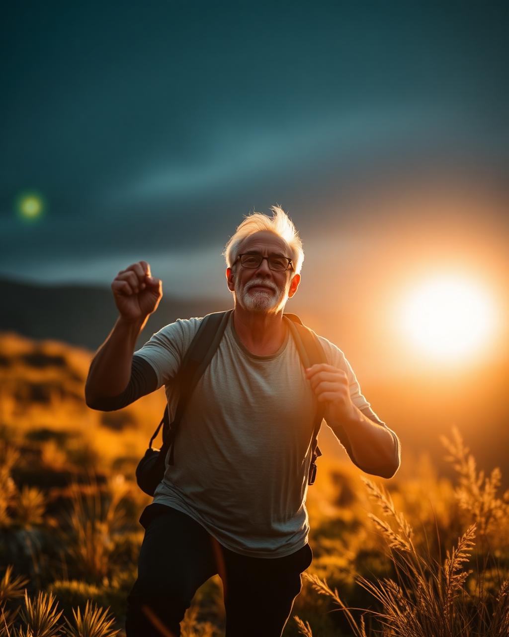 Active mature adult hiking at golden hour, moving freely
